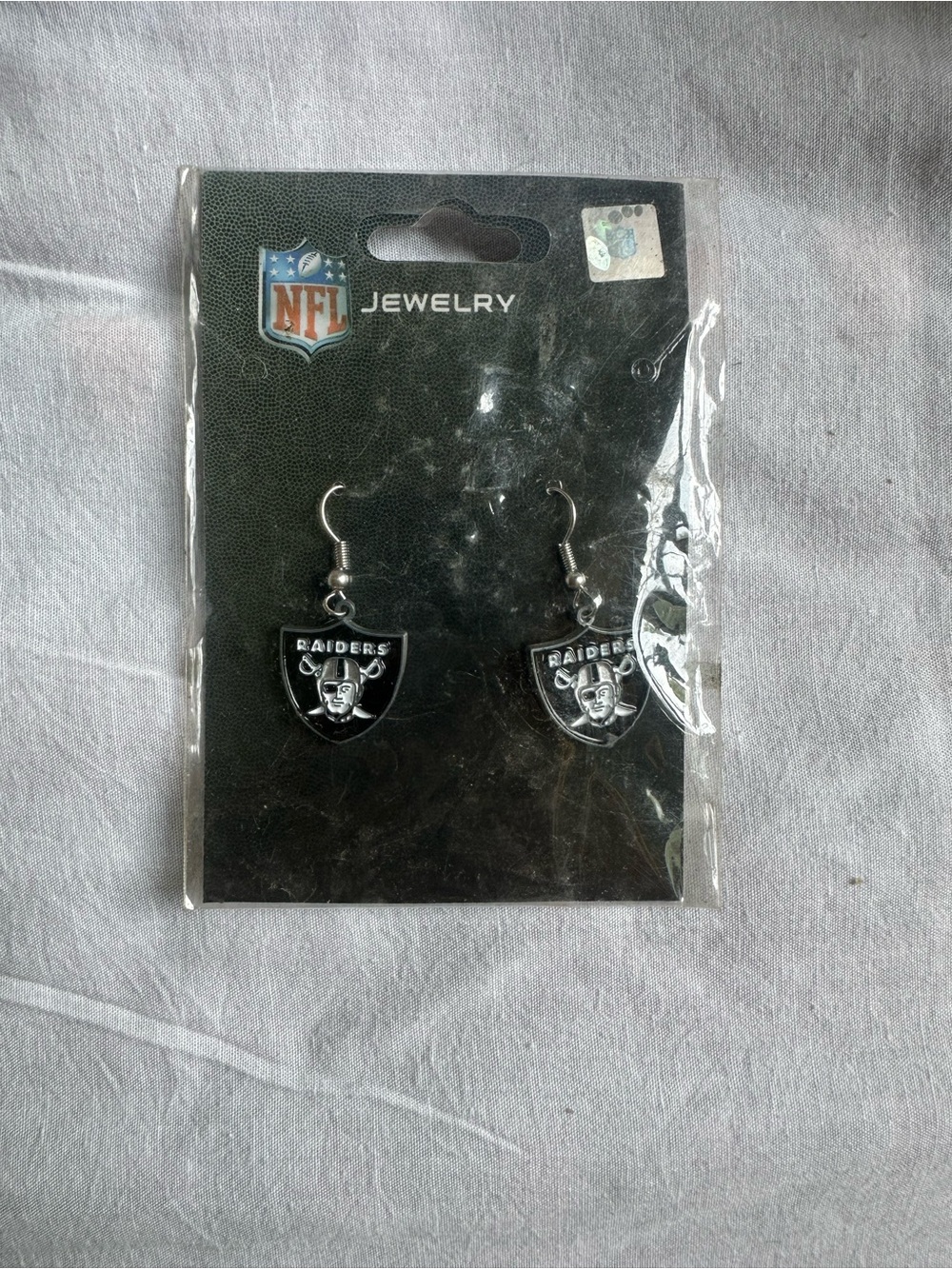 NFL Raiders Silver and Black Shield Dangle Earrings